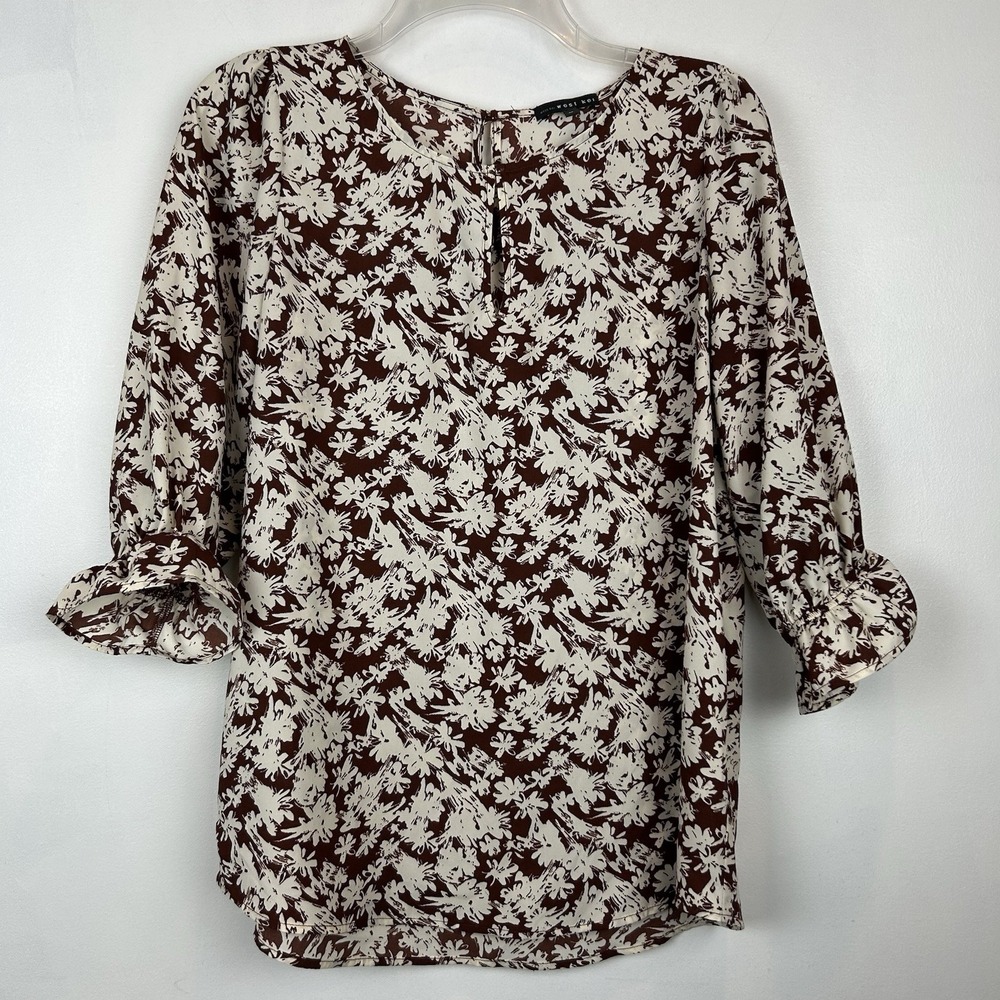 West Kei Floral Top Womens Medium Key Hole Brown Professional Office